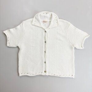 MONTEREY BAY Boxy Ribbed Cardigan Large S/S Cotton Knit Coastal Grandma White